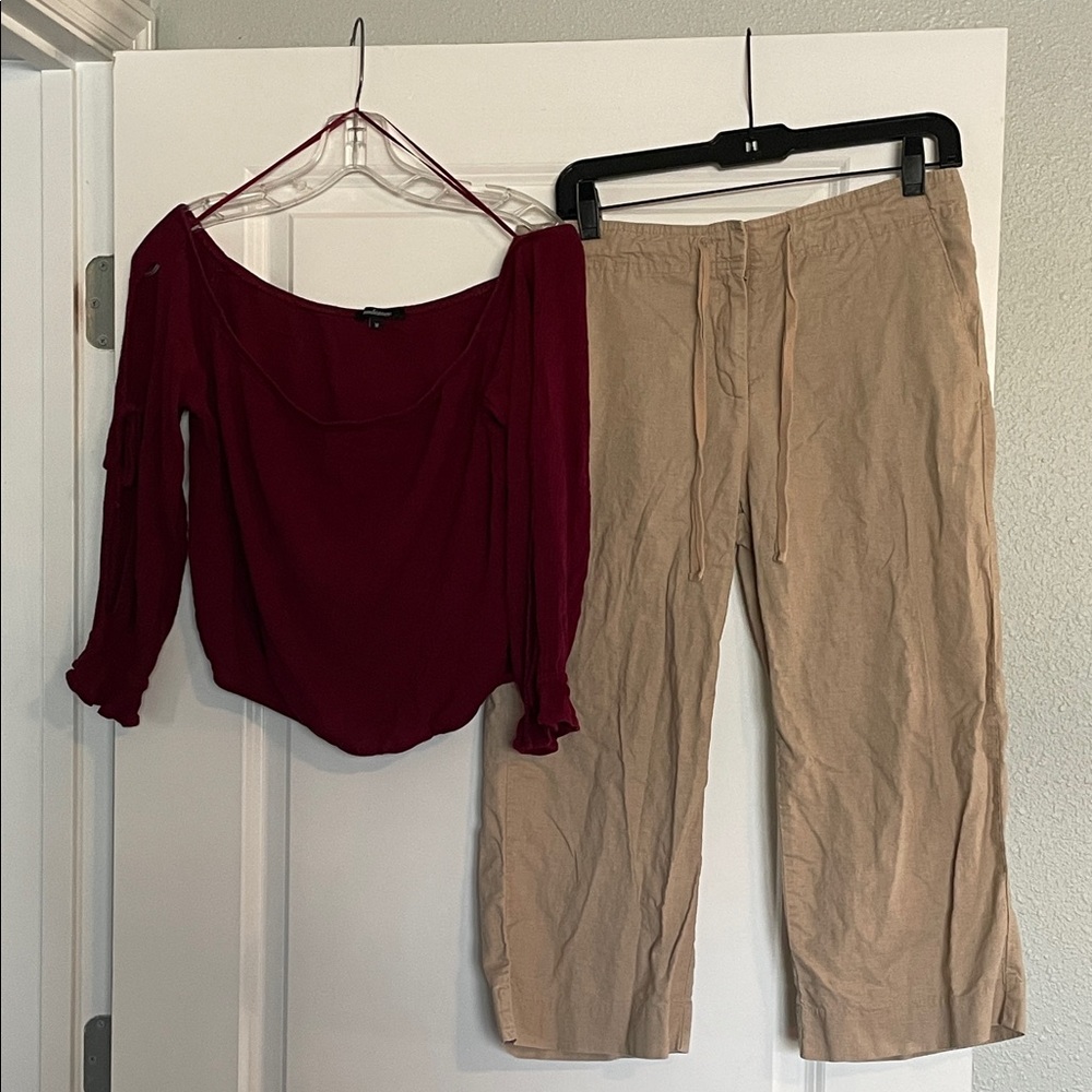 2Women's Burgundy Top M & Tan Pants size 8 M